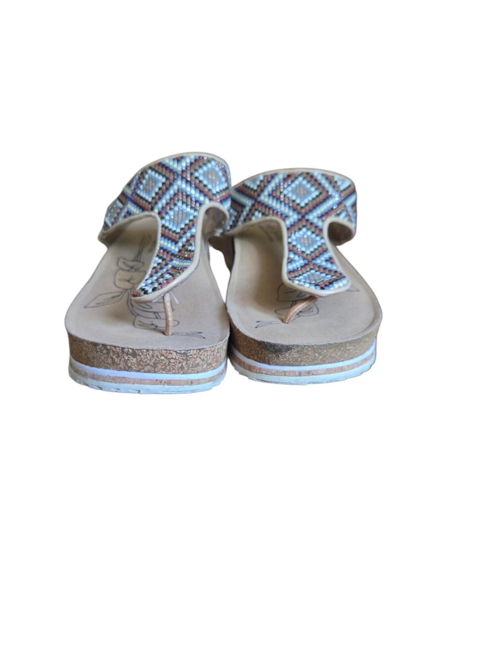 Josef Seibel 37 US 6.5-7 Neutral Beaded T Strap Cork Wedge Comfort Sandals Boho